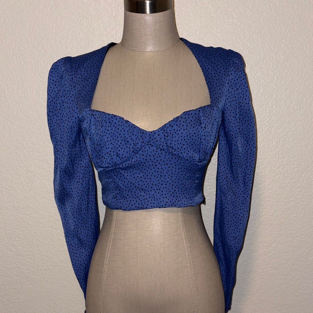 Zara Blue Polka Dot Sweetheart Long-Sleeve Crop Top